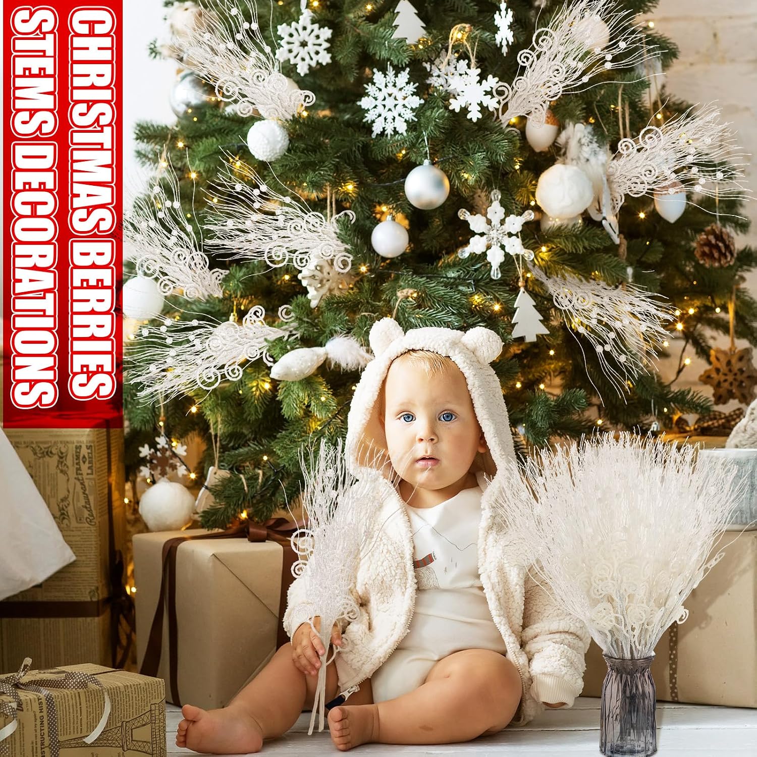 Tigeen 48 Pcs White Christmas Tree Picks and Sprays Ornaments 17'' 12'' Artificial Glitter Christmas Tree Topper Floral Berry Stems Branches Filled for Xmas Vase Filler Wreath DIY Crafts